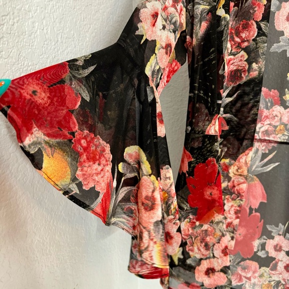 Black Sheer Mesh Floral Open Front Blouse - Picture 2 of 6